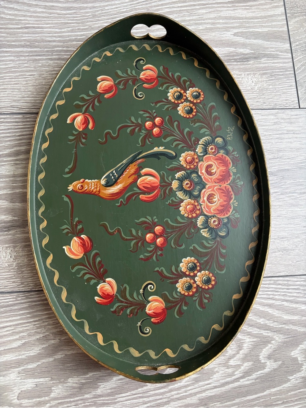 A vintage Hindeloopen hand-painted wooden serving tray Netherlands folk art.